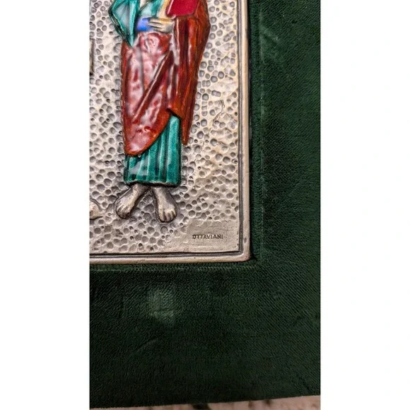 Ottaviani Italy 925 Sterling Silver Enamel Crucifixion Plaque Green Velvet Frame